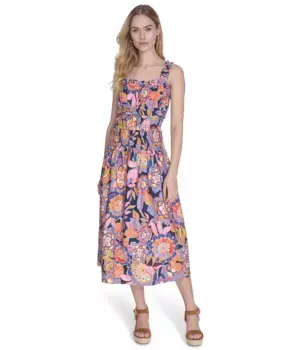 Женское платье Petite из хлопка с присборенной талией и цветочным принтом Eliza J, мультиколор