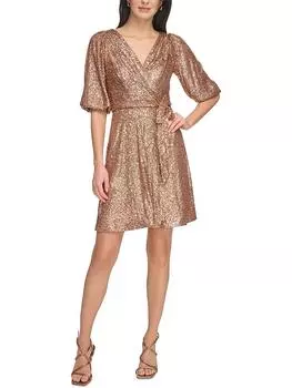 Женское платье Petites Surplice выше колена с расклешенной юбкой DKNY, серо-коричневый