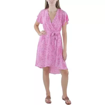 Женское платье прямого кроя с искусственным запахом миниатюрного размера с принтом DKNY, цвет Pink/Red