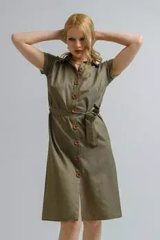 Женское платье-рубашка цвета хаки с поясом и короткими рукавами armonika