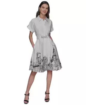 Женское платье-рубашка до колена Paris Border с поясом на завязках KARL LAGERFELD PARIS, белый