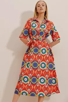 Женское платье-рубашка из поплина оранжевого цвета с узором Trend Alaat Stili, оранжевый