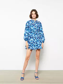 Женское платье-рубашка из поплина с круглым вырезом и длинными рукавами LCW Casual