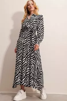 Женское платье-рубашка из вискозной ткани черно-бежевого цвета с рисунком Trend Alaat Stili, черный