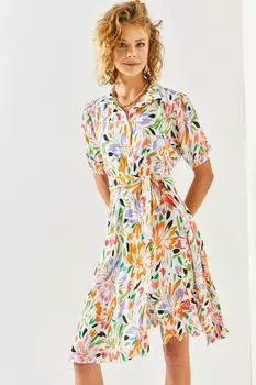 Женское платье-рубашка миди цвета экрю с поясом и узором Olalook, разноцветный