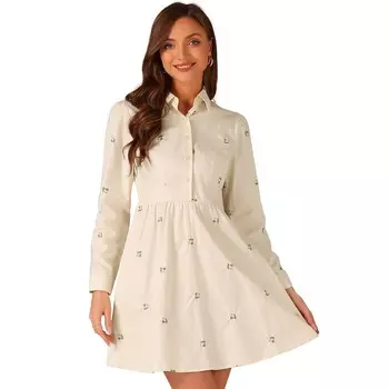 Женское платье-рубашка с цветочной вышивкой и длинными рукавами, мини-платья на пуговицах ALLEGRA K, бежевый