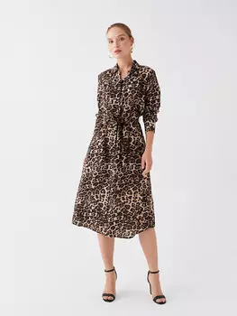 Женское платье-рубашка с длинным рукавом с рисунком LCWAIKIKI Classic, коричневый с принтом
