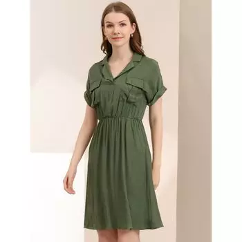 Женское платье-рубашка с V-образным вырезом и эластичной талией с зубчатыми лацканами и карманами ALLEGRA K