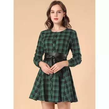 Женское платье-рубашка трапециевидного силуэта с длинными рукавами и поясом в клетку ALLEGRA K, красный