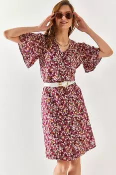 Женское платье-рубашка трапециевидного силуэта с поясом и V-образным вырезом пыльной розы Olalook, розовый