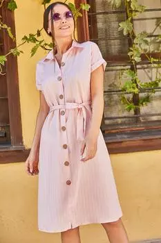 Женское платье-рубашка в пудровую полоску с поясом на талии armonika, розовый