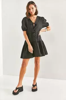 Женское платье с эластичными рукавами и завязками спереди SHADE, черный