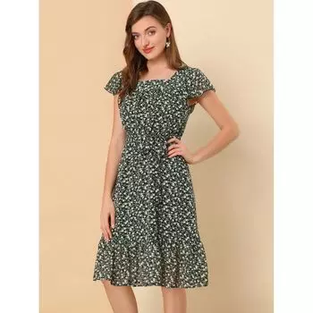 Женское платье с цветочным принтом и развевающимися рукавами, квадратным вырезом и оборками по подолу ALLEGRA K, белый/желтый