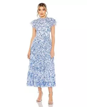 Женское платье с цветочным принтом и высоким воротником, оборками и рукавами MAC DUGGAL