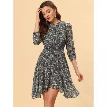 Женское платье с цветочным принтом, платья с присборенными рукавами и гофрированными рукавами ALLEGRA K, темно-синий