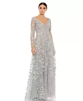 Женское платье с цветочными аппликациями и длинными рукавами-иллюзиями Mac Duggal, серебряный