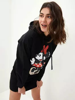Женское платье с длинным рукавом и принтом Минни Маус с капюшоном LCW Casual