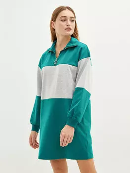 Женское платье с длинным рукавом и цветными блоками с воротником-стойкой LCW Casual
