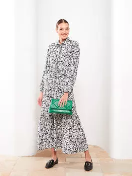Женское платье с длинным рукавом и цветочным принтом с воротником-рубашкой LCW Modest