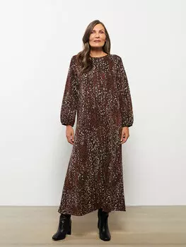 Женское платье с длинным рукавом с круглым вырезом и рисунком LCW Grace, коричневый жаккард