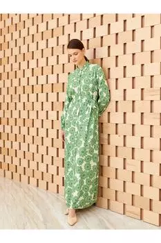 Женское платье с длинным рукавом с рубашечным воротником и рисунком LC Waikiki, зеленый
