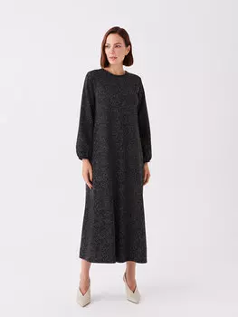 Женское платье с длинным рукавом с круглым вырезом и рисунком LCW Grace, черный жаккард