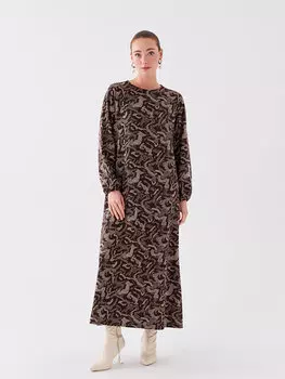 Женское платье с длинным рукавом с круглым вырезом и рисунком LCW Grace, коричневый жаккард