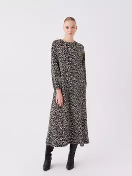 Женское платье с длинным рукавом с круглым вырезом и рисунком LCW Grace, смешанный жаккард