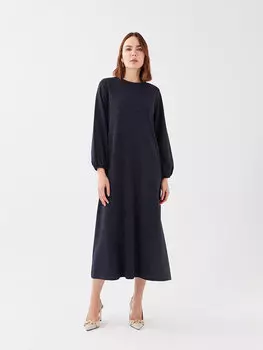 Женское платье с длинным рукавом с круглым вырезом и рисунком LCW Grace, темно-синий жаккард