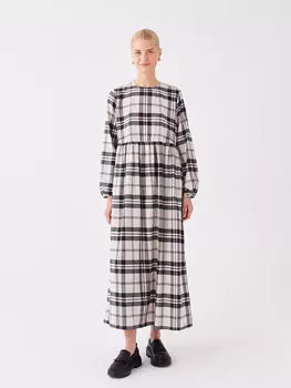 Женское платье с длинным рукавом с круглым вырезом и рисунком LCW Modest, черный плед