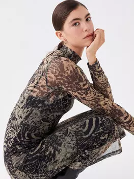 Женское платье с длинным рукавом с высоким воротником и узором LCW Vision, коричневый с принтом