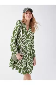 Женское платье с длинным рукавом со свободным воротником и узором LC Waikiki, зеленый