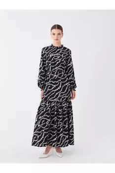 Женское платье с длинными рукавами и высоким воротником с рюшами и цветочным принтом LC Waikiki, черный