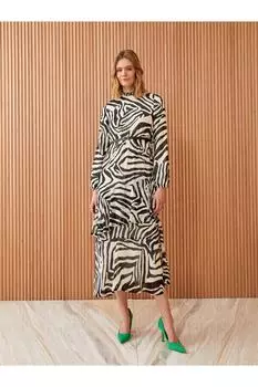 Женское платье с длинными рукавами и высоким воротником с рюшами и узором LC Waikiki, экрю