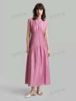 Женское платье с Длинными рукавами, круглым вырезом, мятое, Однотонное, элегантное для лета Ontre, розовый