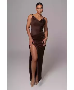 Женское платье с драпированным воротником и цепочкой JLUXLABEL, коричневый