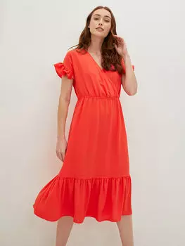 Женское платье с двубортным воротником и прямым коротким рукавом с оборками LCWAIKIKI Classic