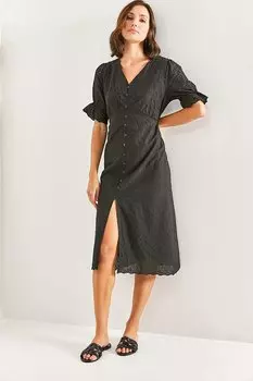 Женское платье с фестонами на пуговицах спереди SHADE, черный