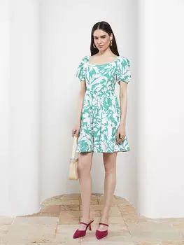 Женское платье с коротким рукавом и квадратным воротником с узором LCW Vision