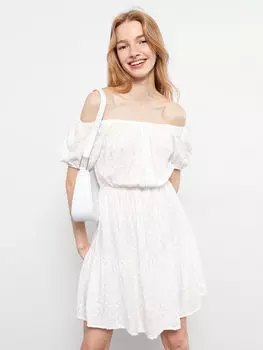 Женское платье с коротким рукавом и вышивкой с вырезом лодочкой LCW Casual