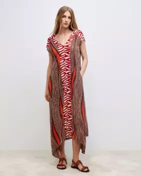 Женское платье с короткими рукавами и V-образным вырезом в этническом стиле с каймой по центру Woman El Corte Ingls, коричневый