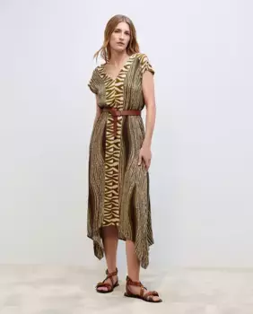 Женское платье с короткими рукавами и V-образным вырезом в этническом стиле с каймой по центру Woman El Corte Ingls, зеленый