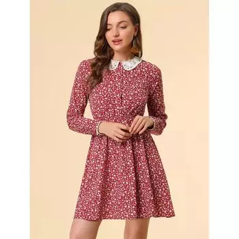 Женское платье с кружевной отделкой и воротником Питера Пэна с длинными рукавами и поясом с цветочным принтом ALLEGRA K, черный