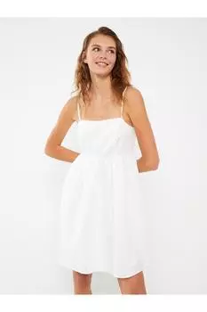 Женское платье с квадратным вырезом и вышивкой на бретельках LC Waikiki, экрю