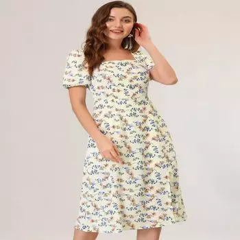 Женское платье с квадратным вырезом и коротким рукавом с разрезом и разрезом миди с цветочным принтом ALLEGRA K, черный