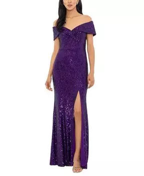Женское платье с открытыми плечами и пайетками с боковым разрезом XSCAPE, фиолетовый