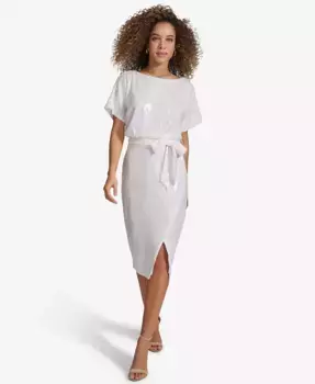 Женское платье с пайетками на сетке, с рукавами долман и поясом kensie, белый