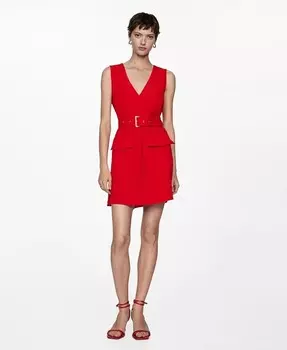 Женское платье с поясом и карманами MANGO, красный
