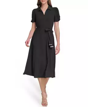 Женское платье с поясом на талии, отложным воротником и силуэтом А-силуэта DKNY, черный