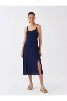 Женское платье с прямым ремнем и U-образным вырезом LC Waikiki, темно-синий